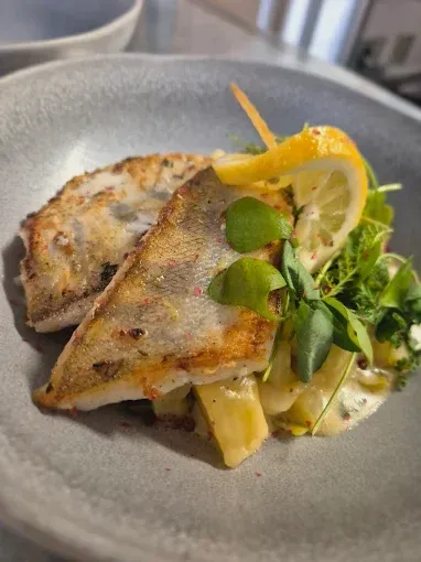 Ein Teller mit gebratenem Fisch, Zitronenscheiben und Kräutern auf einer grauen Oberfläche.