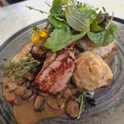 Ein Teller mit gebratenem Schweinefleisch in Pilzsauce, serviert mit Knödeln und grünen Blättern. Das Gericht ist mit einer gelben Blume garniert.