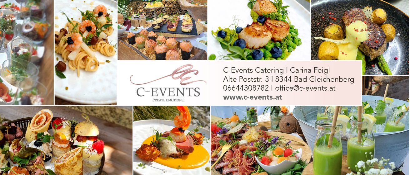 Eine Collage von Gourmetgerichten, darunter Garnelenpasta, Sushi und ein Fleischteller, mit dem C-Events Logo und Kontaktdaten.