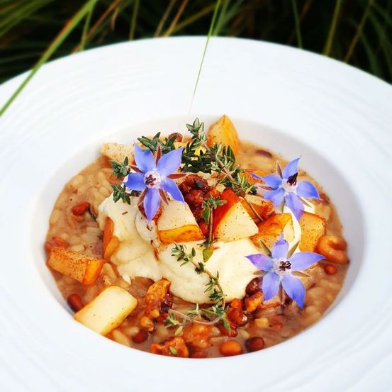 Ein weißer Teller mit cremigem Risotto, belegt mit Kartoffelscheiben, Bohnen, Kräutern und blauen Blüten.