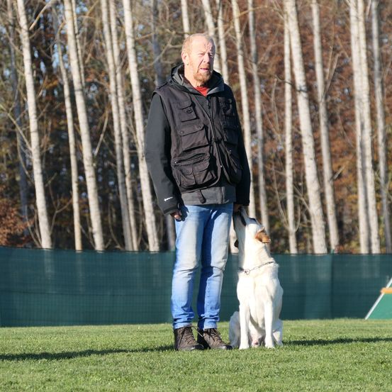 Bild enthält, Coat, Jacket, Pants, Jeans, Adult, Male, Man, Person, Grass, Dog