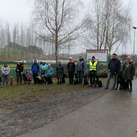 Bild enthält, Person, Walking, Dog, Coat, People, Jacket, Shoe, Helmet, Grass, Outdoors