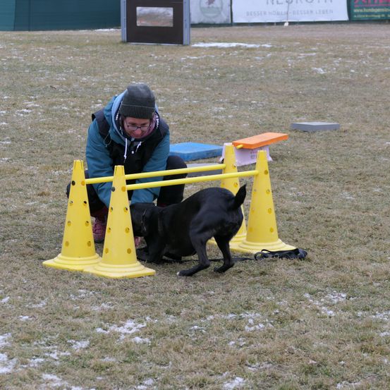 Bild enthält, Person, Animal, Canine, Dog, Mammal, Pet, Clothing, Hat, Glasses, Shoe