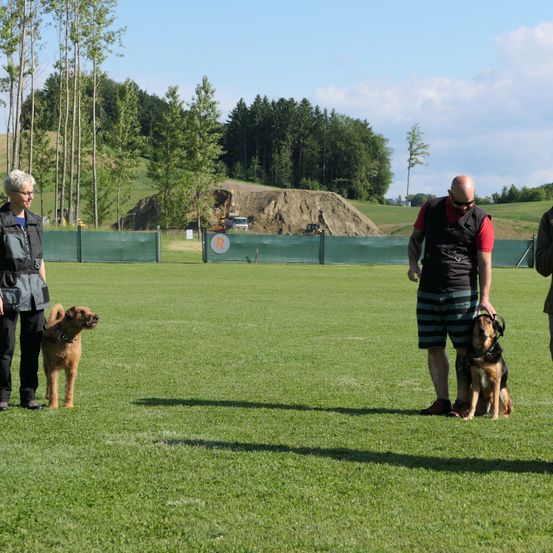 Zwei Personen und zwei Hunde stehen auf einem grünen Feld mit einem Zaun im Hintergrund. Hinter dem Zaun befindet sich ein Erdhügel und eine Baustelle. Die Personen tragen Brillen und Westen. Die Hunde stehen neben ihren Besitzern.