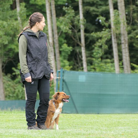 Eine Frau steht mit einem Hund in einem Park. Die Frau trägt eine Weste und Hose. Der Hund sitzt auf dem Gras.