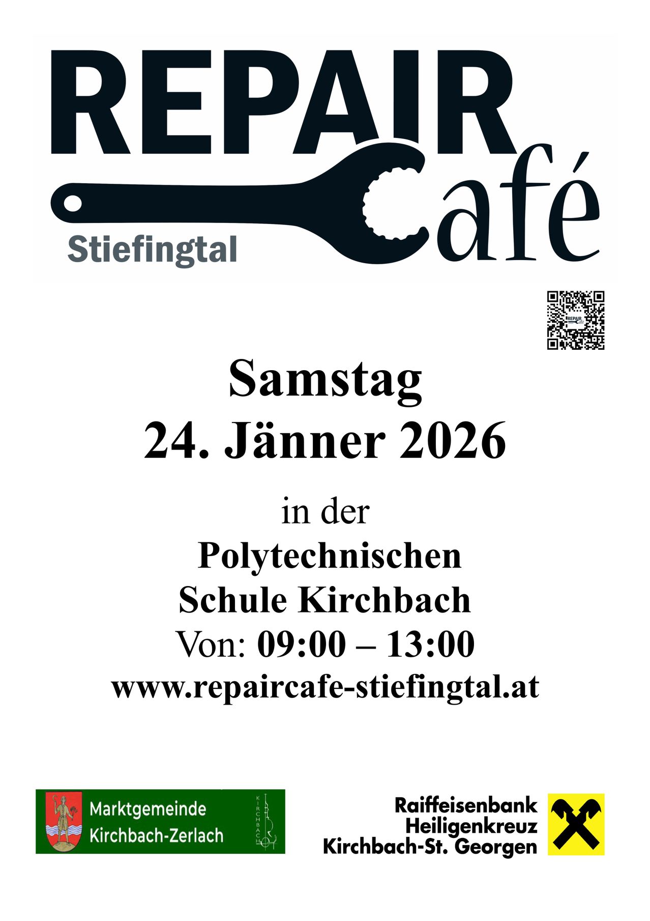 Plakat für Repair Cafe in Kirchbach am 24. Jänner 2026. Die Veranstaltung beginnt um 09:00 und endet um 13:00. Besuchen Sie www.repaircafe-stiefingtal.at für weitere Informationen.