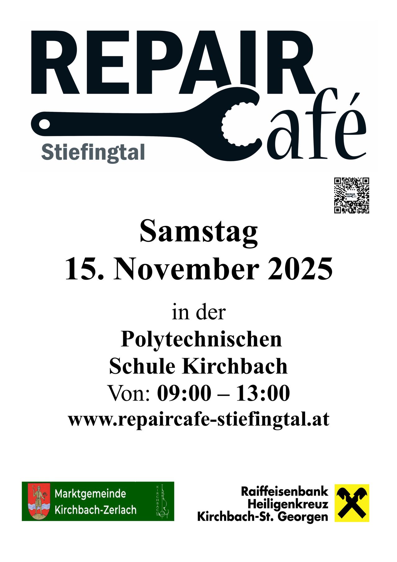 Ein Plakat für den Repair Cafe in Stiefinatal am 15. November 2025 in der Polytechnischen Schule Kirchbach von 09:00 bis 13:00. Website: www.repaircafe-stiefingtal.at. QR-Code enthalten.