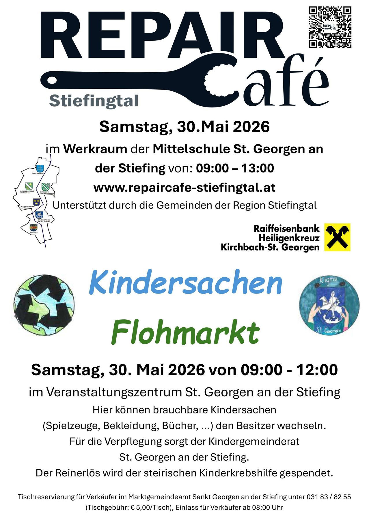 Reparaturcafé im Werkstattraum der Mittelschule St. Georgen an der Steig am Samstag, 30. Mai 2026 von 09:00 bis 13:00 Uhr. Gefördert durch die Gemeinden der Region Steig. Website: www.repaircafe-steig.at.