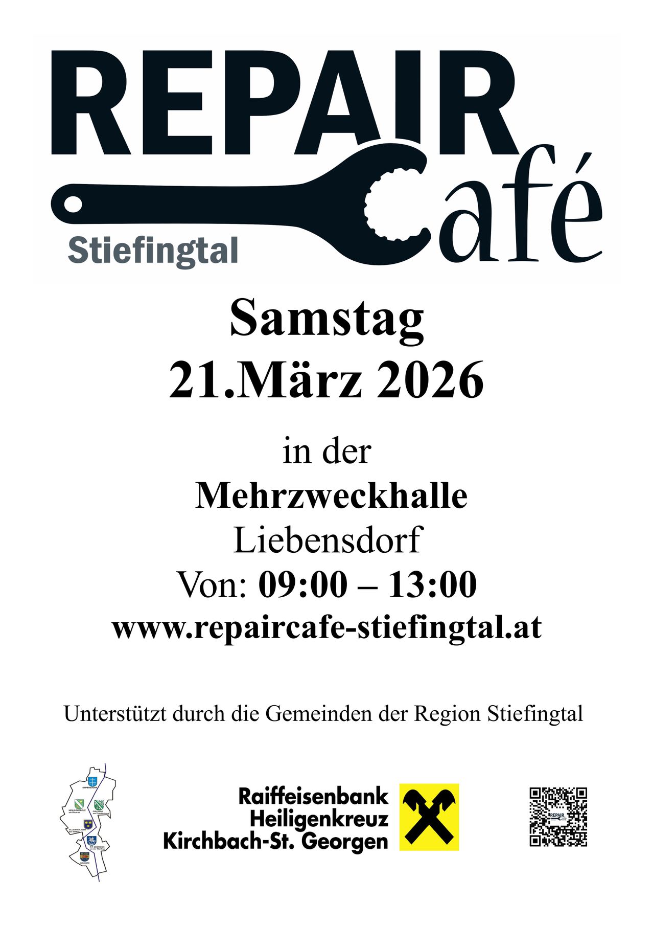 Plakat für den Reparatur-Café in Stiefingal, geplant für Samstag, 21. März 2026, von 09:00 bis 13:00 in der Mehrzweckhalle, Liebensdorf. Unterstützt von den Gemeinden der Region Stiefingal. Besuchen Sie www.repaircafe-stiefingtal.at.