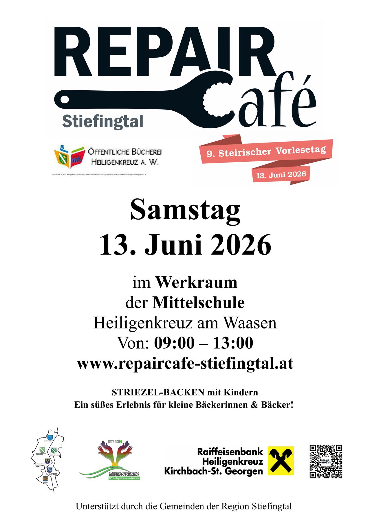 Poster for the Repair Cafe event on June 13, 2026, at the Heiligenkreuz am Waasen middle school. Features a logo, date, and details about the event.