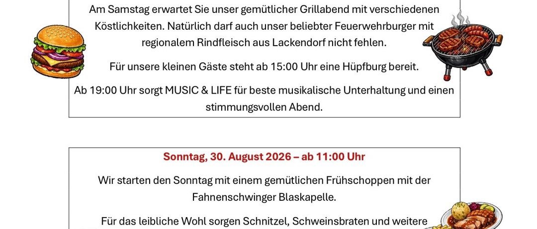 Eine Einladung zum jährlichen Feuerwehrfest der FF Lackendorf am 29. und 30. August 2026. Das Fest beinhaltet ein Grillfest, Feuerwehrburger, Musik und ein Kinderprogramm.