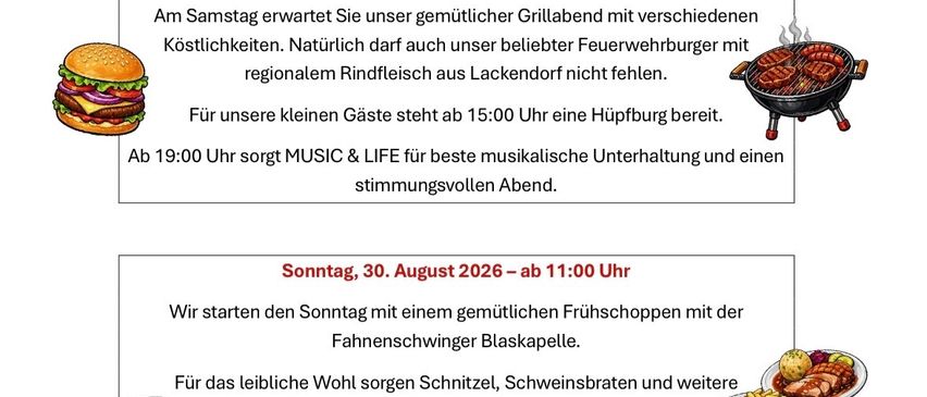 Eine Einladung zum jährlichen Feuerwehrfest der FF Lackendorf am 29. und 30. August 2026. Das Fest beinhaltet ein Grillfest, Feuerwehrburger, Musik und ein Kinderprogramm.