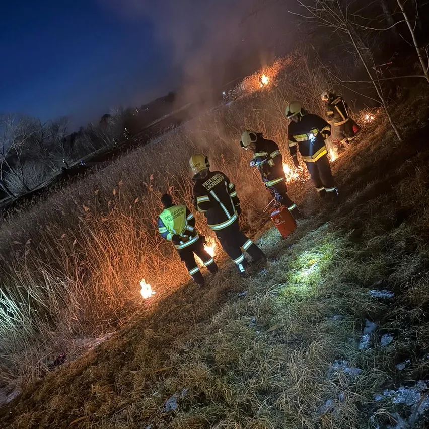 In der Nacht löschen Feuerwehrleute ein Feuer auf einem Feld. Drei von ihnen sind vollständig ausgerüstet, und einer trägt einen Feuerlöscher. Das Feld ist hoch und trocken.