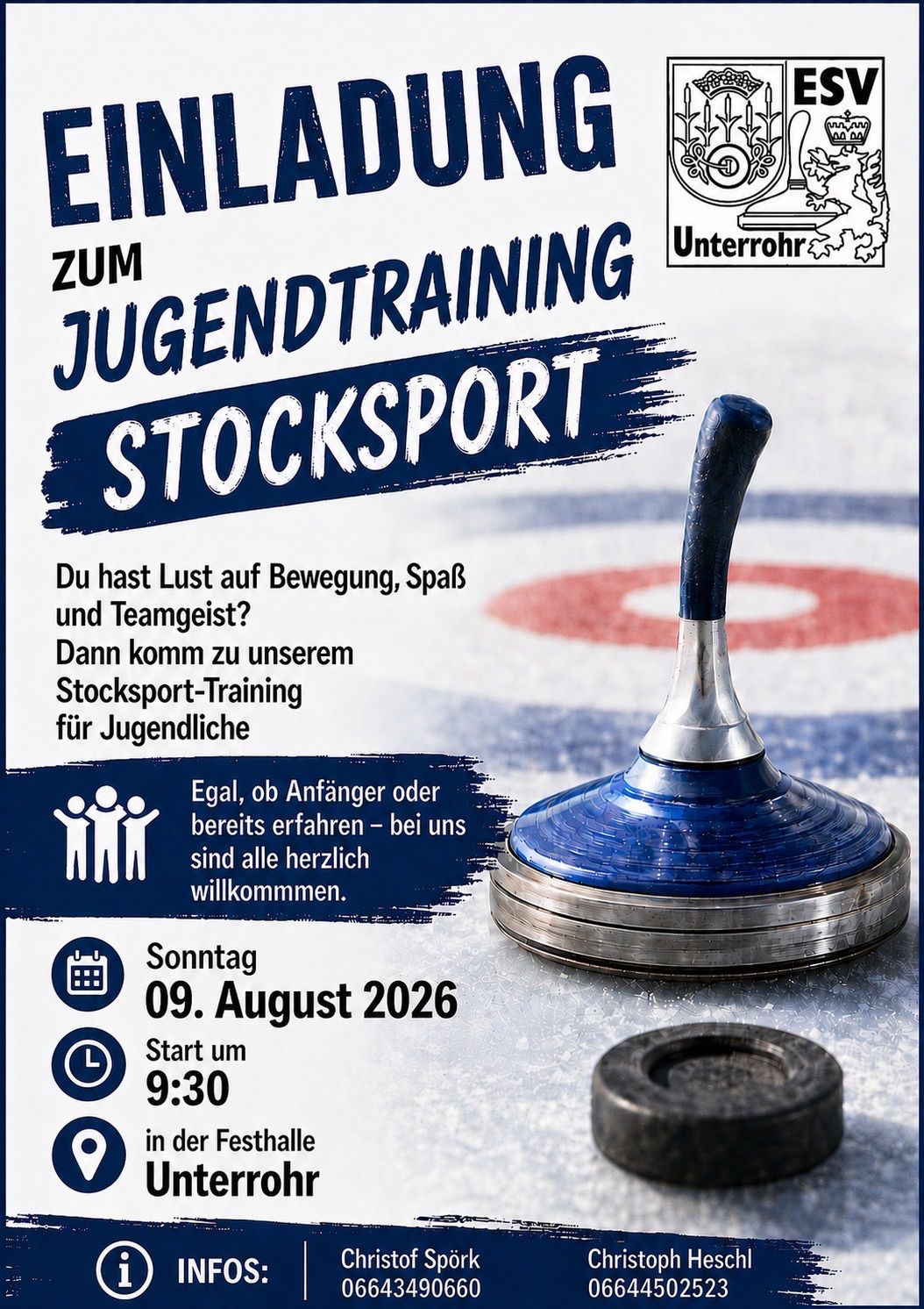 Plakat für Jugend-Stocksport-Training am 9. August 2026 um 9:30 Uhr. Es zeigt einen Curling-Stein und das Unterrohr-Logo.