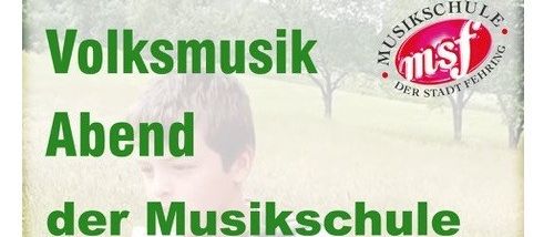 Ein junger Junge spielt Akkordeon in einem Grasfeld mit dem Text 'Volksmusik Abend der Musikschule'. Das Logo der 'Musikschule der Stadt' ist sichtbar.