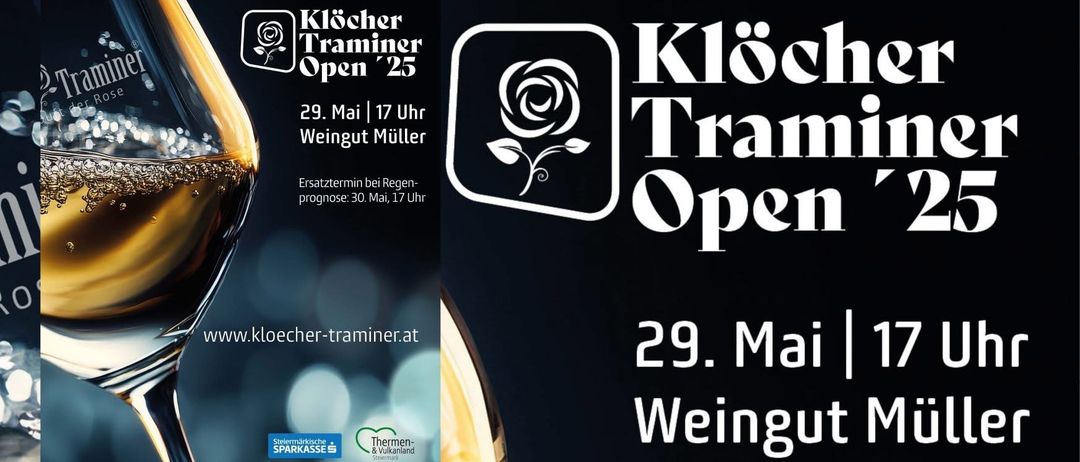 Plakat für die Klocher Traminer Open 25 Veranstaltung. Es zeigt ein Weinglas, ein Rosenlogo und Veranstaltungsdetails wie Datum, Uhrzeit und Ort. Der Hintergrund ist dunkel mit einem funkelnden Effekt.