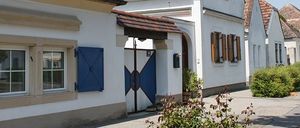 Ein weißes Gebäude mit blauen Fensterläden und einer blauen Tür, begleitet von grünen Büschen und einem Betonpfad.