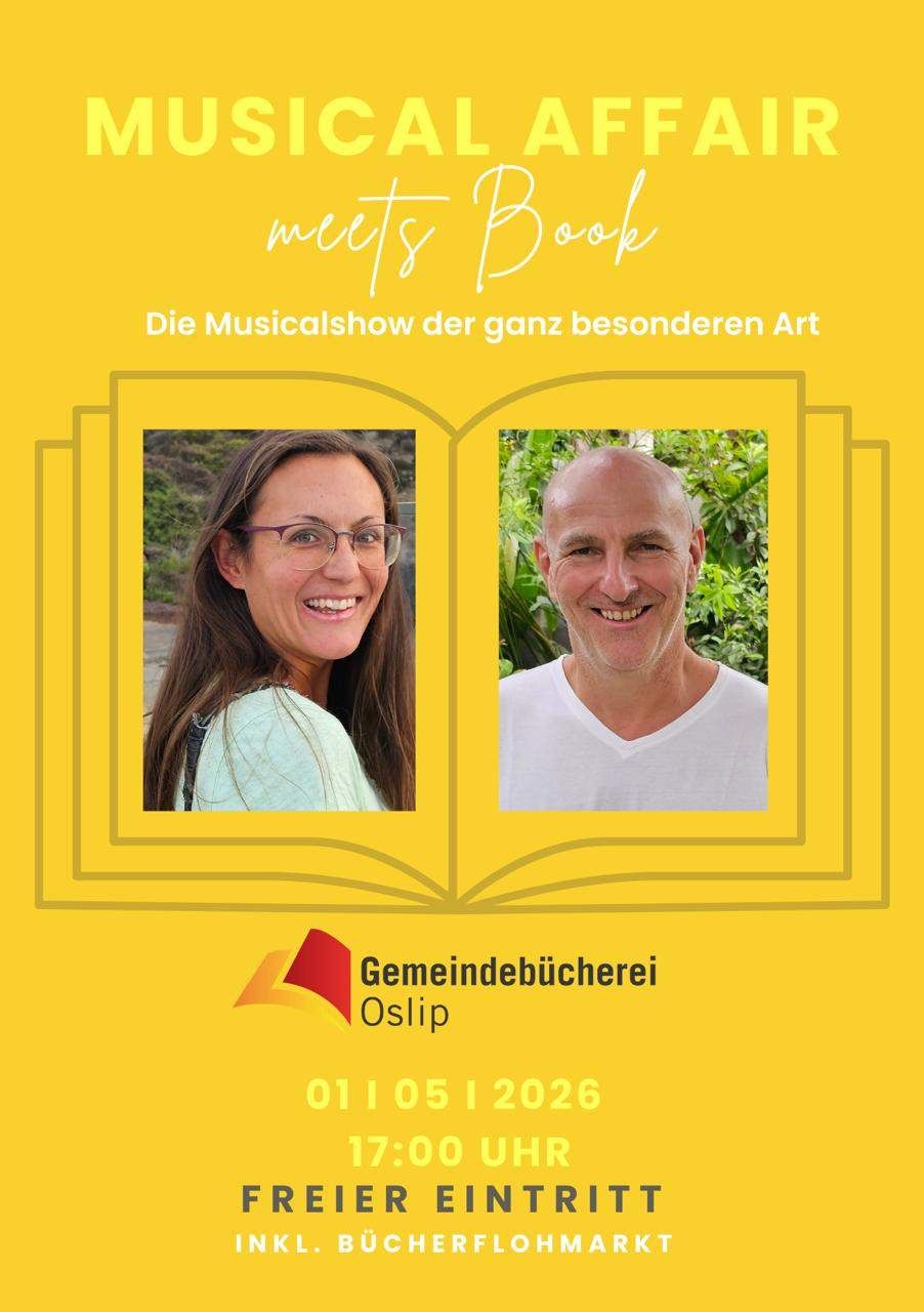 Plakat für die 'Meets Book' Musicalshow am 1. Mai 2026 mit zwei lächelnden Personen und dem Gemeindebücherei Osli Logo.