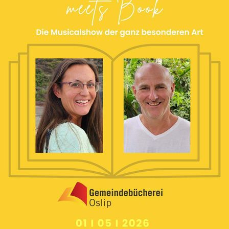 Plakat für die 'Meets Book' Musicalshow am 1. Mai 2026 mit zwei lächelnden Personen und dem Gemeindebücherei Osli Logo.