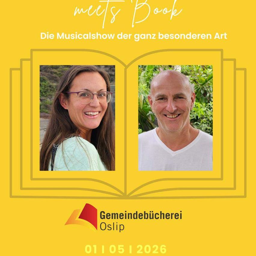 Plakat für die 'Meets Book' Musicalshow am 1. Mai 2026 mit zwei lächelnden Personen und dem Gemeindebücherei Osli Logo.