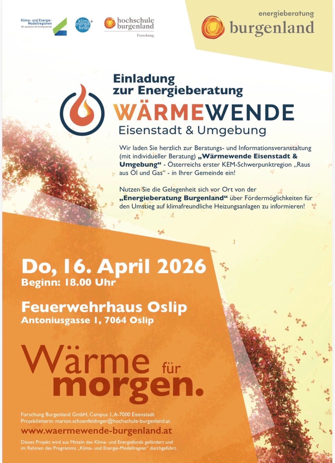 Warmwende Eisenstadt lädt Sie zur Energieberatungsveranstaltung am 16. April 2026 um 18:00 Uhr im Oslipp-Feuerwehrhaus ein. Informieren Sie sich über Energieeinsparungen und klimafreundliche Heizungsanlagen.