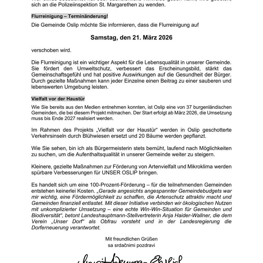 Die Gemeinde Osiip möchte Sie informieren, dass die Flurreinigung verschoben wird. Die Flurreinigung ist ein wichtiger Aspekt für die Lebensqualität in unserer Gemeinde. Sie fördert den Umweltschutz, verbessert das Erscheinungsbild, stärkt das Gemeinschaftsgefühl und hat positive Auswirkungen auf die Gesundheit der Bürger.