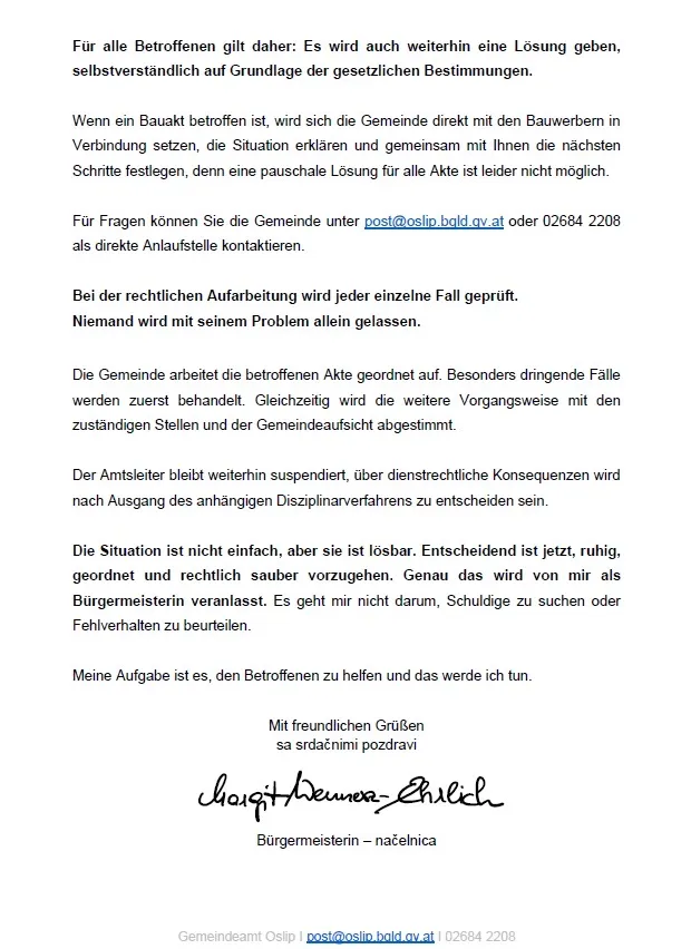 Ein Brief des Bürgermeisters einer Gemeinde, der die Handhabung von baubezogenen Problemen und den Ansatz der Gemeinde zur Lösung dieser Probleme diskutiert. Es wird die Bedeutung koordinierter Maßnahmen und rechtlicher Verfahren betont.