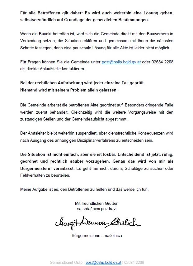 Ein Brief des Bürgermeisters einer Gemeinde, der die Handhabung von baubezogenen Problemen und den Ansatz der Gemeinde zur Lösung dieser Probleme diskutiert. Es wird die Bedeutung koordinierter Maßnahmen und rechtlicher Verfahren betont.