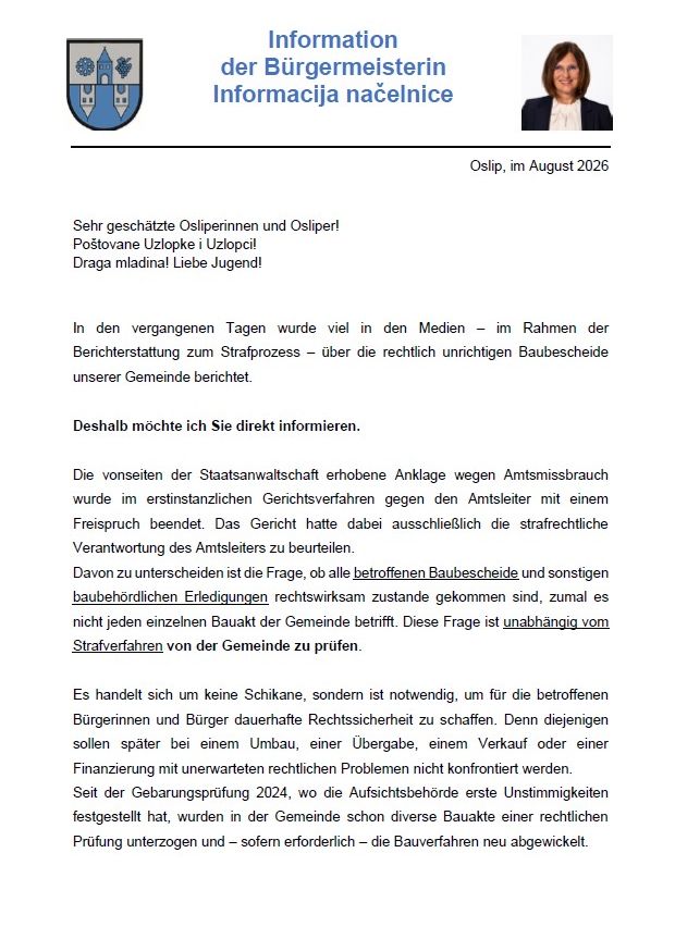 Offizieller Brief des Bürgermeisters von Osijek, datiert August 2026, der rechtliche Probleme bezüglich Baugenehmigungen in der Gemeinde diskutiert. Der Brief betont die Bedeutung der Rechtskonformität, um langfristige Rechtssicherheit für die Bewohner zu gewährleisten.