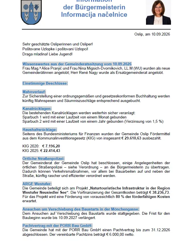 Amtliche Dokumente der Gemeinde Osijek vom 10.09.2026 verkünden neue Gemeinderäte Alice Pranjic und Nina Misgic-Dvornikovic. Herr Rene Nagy wird als Ersatzgemeinderat ernannt. Budgetzuweisungen, Kanalarbeiten und Haushaltsgebühren werden detailliert aufgeführt. Die Gemeinde hat Mittel vom Bund erhalten. Die örtliche Polizei hat Hinweise zur Verbesserung der Straßensicherheit herausgegeben. Ein Projekt für Naturtourismus-Infrastruktur ist in Arbeit mit einer erwarteten Finanzierung von 80% der Gesamtkosten. Der Beginn der Bauarbeiten für die Monchgasse-Brücke wurde verschoben.