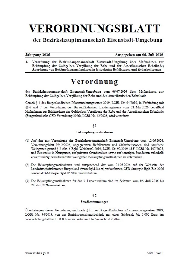Verordnungsblatt der Bezirkshauptmannschaft Eisenstadt-Umgebung für 2026. Es enthält Maßnahmen zur Bekämpfung der Goldgelben Vergilbung der Rebe und der Amerikanischen Rebikade in festgelegten Bereichen und Sicherheitszonen.