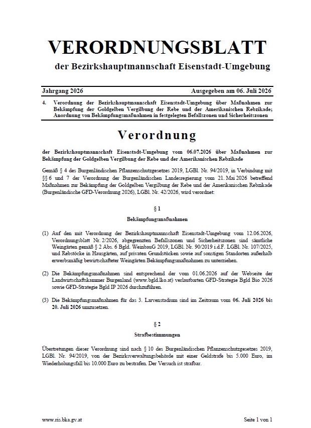 Verordnungsblatt der Bezirkshauptmannschaft Eisenstadt-Umgebung für 2026. Es enthält Maßnahmen zur Bekämpfung der Goldgelben Vergilbung der Rebe und der Amerikanischen Rebikade in festgelegten Bereichen und Sicherheitszonen.