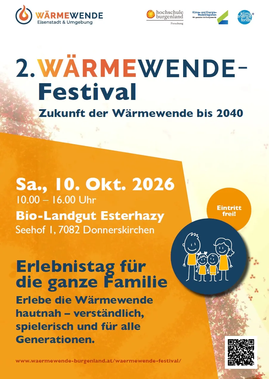 Plakat für das 2. Warmwende-Festival in Eisenstadt, Österreich, am 10. Oktober 2026. Die Veranstaltung ist kostenlos und für alle Altersgruppen geeignet.