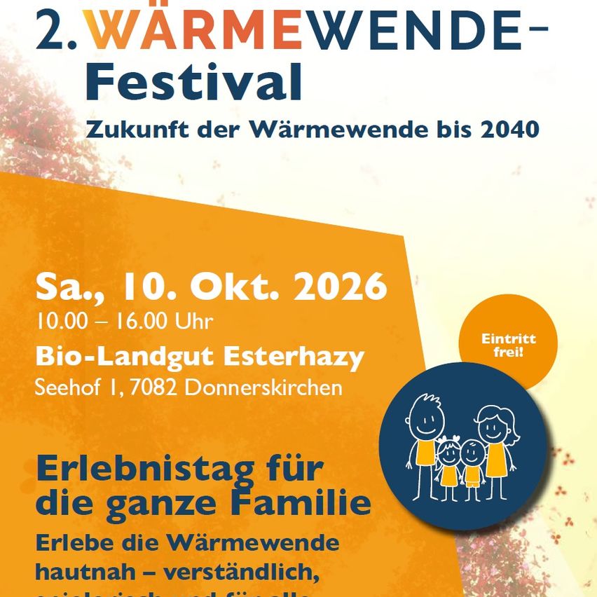 Plakat für das 2. Warmwende-Festival in Eisenstadt, Österreich, am 10. Oktober 2026. Die Veranstaltung ist kostenlos und für alle Altersgruppen geeignet.