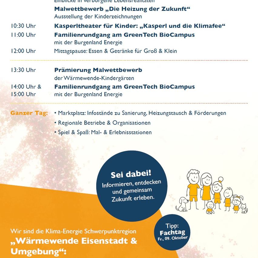 Ein Plakat, das eine Reihe von Veranstaltungen für ein Klimaenergieprojekt ankündigt. Das Plakat enthält einen Zeitplan für Aktivitäten von 10:00 Uhr bis 15:30 Uhr, mit verschiedenen Aktivitäten wie Ausstellungen, Familienführungen und Bildungsveranstaltungen.