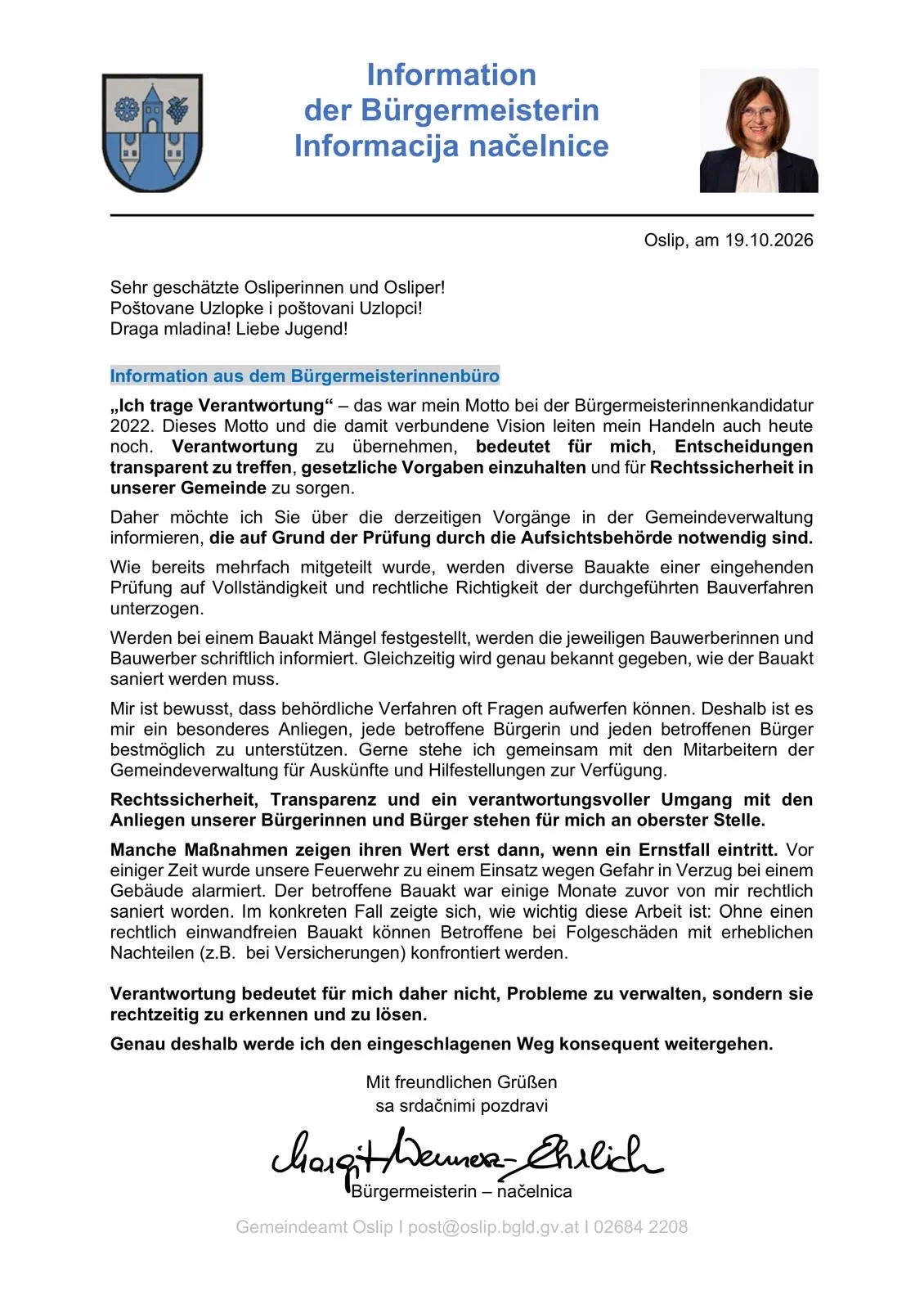 Ein formeller Brief des Bürgermeisters von Osilip, datiert auf den 19. Oktober 2026, der die Bedeutung von Transparenz und Verantwortung in der kommunalen Verwaltung sowie die Notwendigkeit bestimmter Bauprojekte für die Sicherheit und Rechtskonformität von Gebäuden diskutiert.
