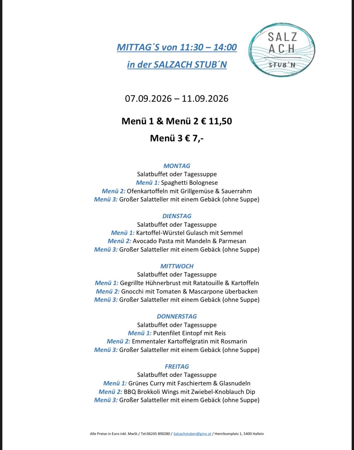 Wöchentliche Speisekarte vom 7. bis 11. September 2026. Menüoptionen umfassen Spaghetti, Avocado-Pasta, gegrilltes Hühnchen und mehr. Die Preise reichen von 7 € bis 11,50 €.