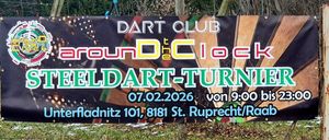 Ein Schild für den Dart Club Rund der CIO Dart-Tour Veranstaltung, geplant für den 7. Februar 2026, bei Schmitz 101, 8181 St. Ruprecht.