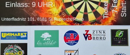 Plakat für das 3. Steel-Dart-Turnier mit Feuer und Dartscheibe. Die Veranstaltung findet am 7. Februar 2026 um 10 Uhr statt. Ort: Unterfladnitz 101, 8181 St. Ruprecht/Raab. Ticketpreis: 20 EUR. Sponsoren und Logos sind abgebildet.