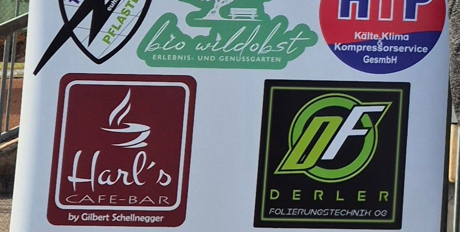 Ein Banner mit verschiedenen Logos, darunter Tor Fließen, Bio Wildobst, HTP Kälte Klima, Harl's Cafe-Bar, Derler Folientechnik, Erdbau Berger Michael und SKREINER.