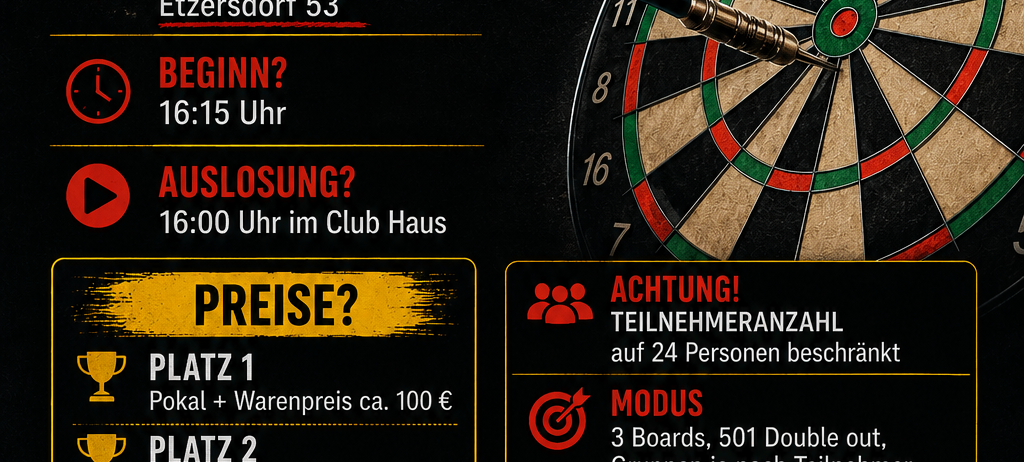 Plakat für eine Dart-Veranstaltung am 21. November 2026 im Dart Club Haus, Etzersdorf 53. Beginnt um 16:15, endet um 16:00. Der Eintrittspreis beträgt etwa 100 Euro für den ersten Platz, 70 Euro für den zweiten, 50 Euro für den dritten und 40 Euro für den vierten. Die Gruppengrößen sind auf 24 Personen begrenzt.