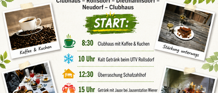 Plakat für eine Wanderveranstaltung am 24.10.2026 mit Zeitplan für Kaffee, Mittagessen und Getränke an verschiedenen Orten.