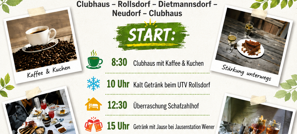 Plakat für eine Wanderveranstaltung am 24.10.2026 mit Zeitplan für Kaffee, Mittagessen und Getränke an verschiedenen Orten.
