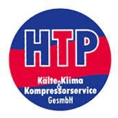 Das Logo für HTP Kälte-Klima Kompressorservice GmbH zeigt einen blau-roten Kreis mit weißem Text. Die Buchstaben HTP sind in fettem Blau, während die Wörter Kälte-Klima Kompressorservice in kleinerem weißen Text darunter stehen.