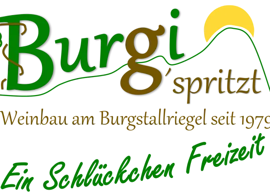Ein Logo für Burgi Spritz mit einem grünen Blatt und einer Bergsilhouette auf schwarzem Hintergrund. Der Text lautet 'Burgi Spritz' und 'Weinbau am Burgstallhügel seit 1979'.