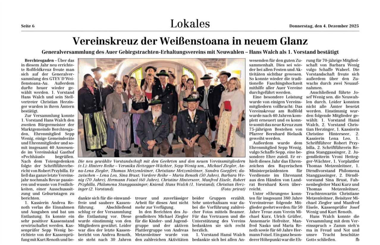 Eine Gruppe von Personen steht vor einem Gebäude mit einem Banner, das 'Vereinskreuz der WeiBenstoana in neuem Glanz' besagt. Hans Walch ist der erste Vorsitzende, und es gibt Neuwahlen. Die Organisation konzentriert sich auf die Erhaltung von Bergpfaden. Die Gruppe ist seit 40 Jahren aktiv und trifft sich jeden Donnerstag.