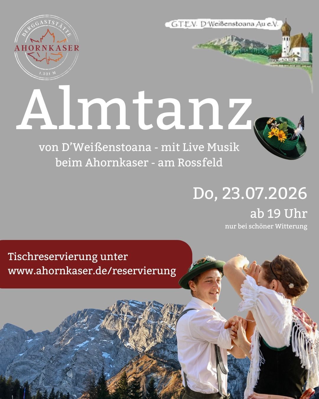 Poster for Almtanz event at Ahornkaser on 23.07.2026, featuring live music and traditional attire.