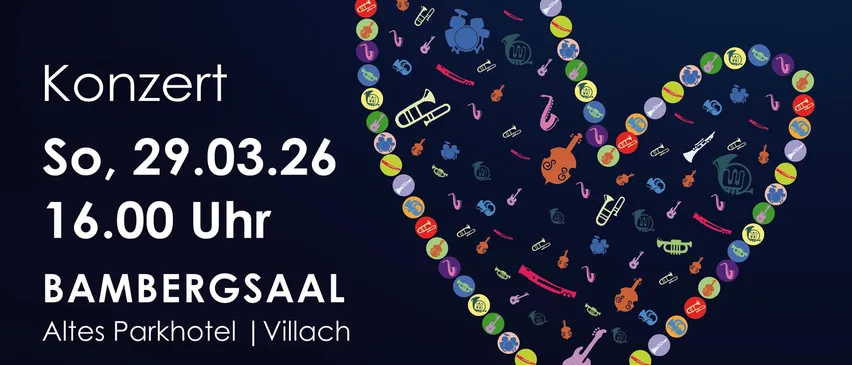 Ein Plakat bewirbt ein Konzert mit dem Titel Blasmusik im Ohr. Die Veranstaltung findet am 29. März 2026 um 16:00 im Bambergsaal, Villach, statt. Monika Korbar leitet das Konzert. Tickets sind erhältlich bei office@emv-villach.at, T 0677 6489 0003 und von Musikern. Kinder bis 5 Jahre können mit einem Elternteil kostenlos teilnehmen.