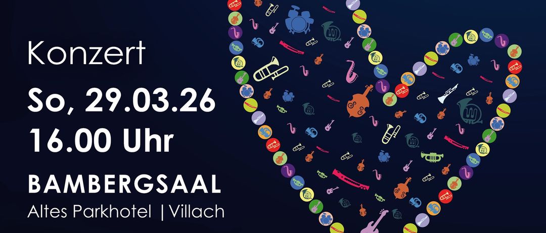 Ein Plakat bewirbt ein Konzert mit dem Titel Blasmusik im Ohr. Die Veranstaltung findet am 29. März 2026 um 16:00 im Bambergsaal, Villach, statt. Monika Korbar leitet das Konzert. Tickets sind erhältlich bei office@emv-villach.at, T 0677 6489 0003 und von Musikern. Kinder bis 5 Jahre können mit einem Elternteil kostenlos teilnehmen.