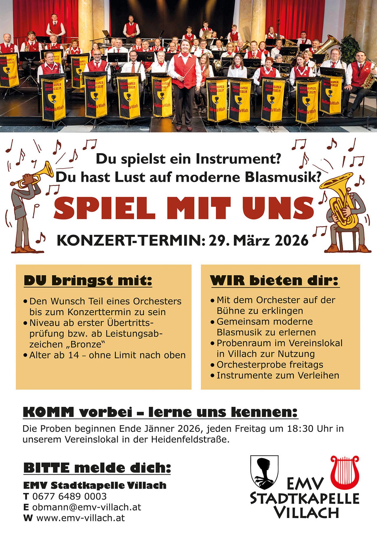 Eine Werbung für eine Band mit einem Trompeter und einem Tubisten mit dem Text 'Spiel mit uns' und 'Konzert-Termin: 29. März 2026'. Es gibt auch Details zum Beitritt zum Orchester und zu den Probezeiten.